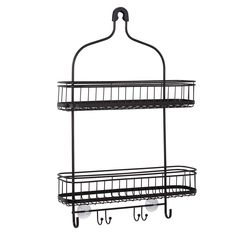 two tiered metal rack with hooks on each side