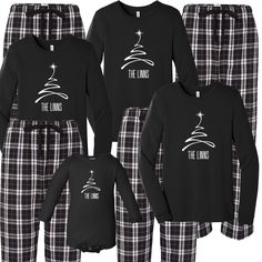 Outfit the whole family young and old. Nothing says Christmas matching family pajamas...say cheese! This festive Christmas Tree flannel set comes with a luxe 100% cotton jammie t-shirt in black with matching black plaid flannel pajama bottoms. Put the kids to bed in their Christmas pjs and let them rip open those packages Christmas morning. Your options are endless. This cozy pajama set is so comfortable it will be your go to uniform all winter break long. Set includes a black long sleeve t-shir Black And White Christmas Pajamas, Matching Family Pajamas Christmas, Christmas Family Pajamas Ideas, Pjs Matching, Besties Christmas, Merry Christmas 2023, Personalized Christmas Pajamas, Plaid Pjs, Flannel Pajama Bottoms