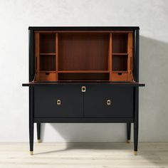 a black and wood cabinet with two drawers on one side, an open drawer on the other