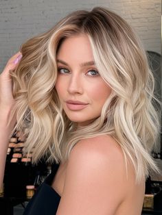 Fall Blonde Hair Color 2024, Winter Blonde Balayage Short Hair, Winter Blonde Highlights And Lowlights, Winter 2024 Blonde Hair Trends, Blonde With Caramel Lowlights, Blonde Highlights Dark Roots, Blonde Hair With Lowlights Fall, Blonde Hair Color Ideas For Fall Winter Balayage, Highlights Dark Roots