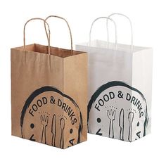 two paper bags with food and drinks printed on the front, one is brown and one is white