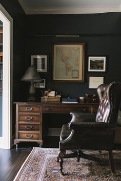 a chair sitting in front of a wooden desk