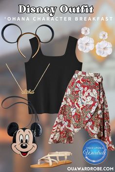 disney outfits for the character in mickey mouse's house, including a black tank top and red floral skirt