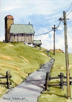 a drawing of a farm with a barn on the hill