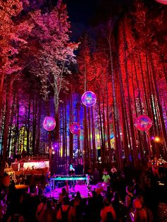 people are gathered in the woods at night with lights on them and disco balls hanging from trees