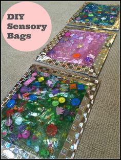 three glass trays with different colored buttons on them and the words diy sensory bags