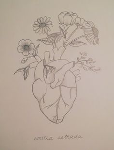 a drawing of a heart with flowers in it