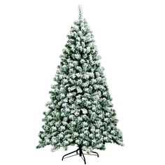 a white christmas tree with snow on the top and bottom branches, in front of a white background