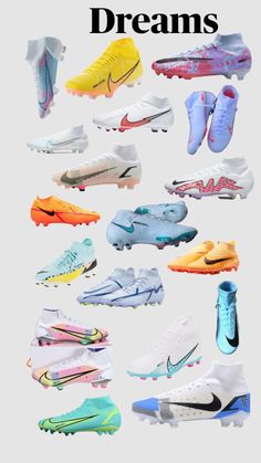 many different types of soccer shoes are shown in this graphic style, including blue and yellow