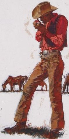 a painting of a man wearing a cowboy hat and standing in the snow with horses behind him