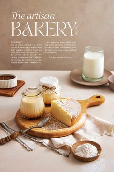 an advertisement for the artisan bakery on a table with bread, butter and milk