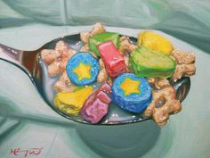 a painting of a spoon full of cereal on it's side with star shaped candies in the middle