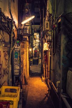 a narrow alleyway with graffiti on the walls and door to another building at night