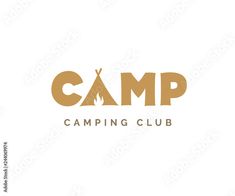 camp logo with the word camping club in gold on a white background, suitable for use as a print or web design