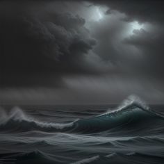 an ocean scene with storm clouds and waves