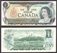 the canadian one dollar bill is displayed in two different colors and patterns, with an image of