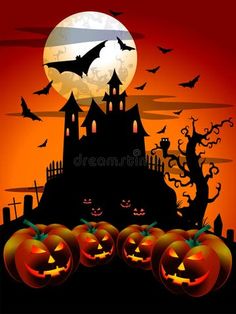 halloween scene with pumpkins and bats in front of a castle at night royalty illustration