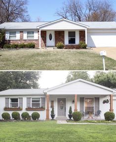 before and after photos of a white house with red brick accents, front yard lawn