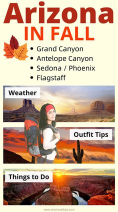 the arizona in fall poster with an image of a woman standing on top of a mountain