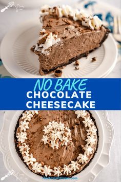 no bake chocolate cheesecake on a white plate with the title in blue overlay