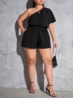 Plus One Shoulder Elastic Waist Jumpsuit | SHEIN USA Style Inspiration Summer, Short Jumpsuit, One Shoulder Blouse, One Shoulder Dress, Elastic Waist, Spring Summer Fashion, One Shoulder, Off Shoulder