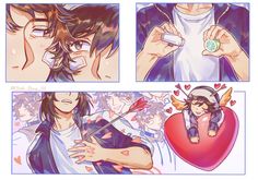 an anime storyboard with two pictures of the same person holding a heart and arrow