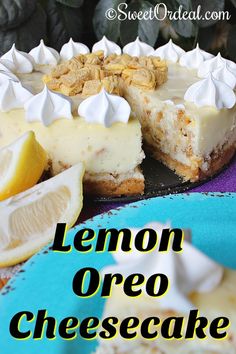 lemon oreo cheesecake on a blue plate