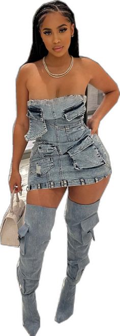 Channel denim mini dress - Chic by Taj Boots Outfit Ideas, Dress With Flats, Knee Boots Outfit, Cozy Sweater Dress, Tunics With Leggings, Black Attire, Belted Sweater, Timeless Outfits, Flowy Mini Dress