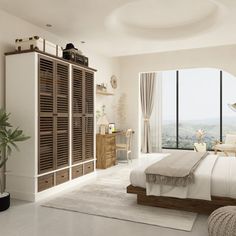 a bedroom with a large window overlooking the mountains and cityscape is shown in this rendering