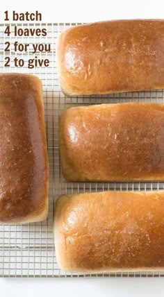 four loaves of bread on a cooling rack