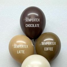 three balloons with the words semprex, chocolate and semipreex late on them