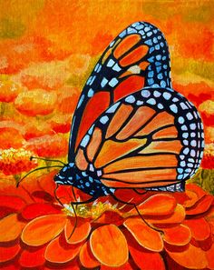 a painting of a butterfly sitting on top of a red flower with orange flowers in the background