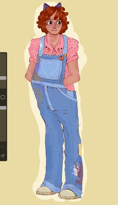 a drawing of a girl with red hair and overalls standing next to a remote control