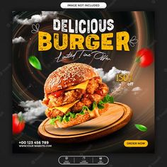 a flyer for a burger restaurant with an image of a chicken sandwich and lettuce