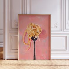 a painting on a wall with a fork full of noodles in it's mouth