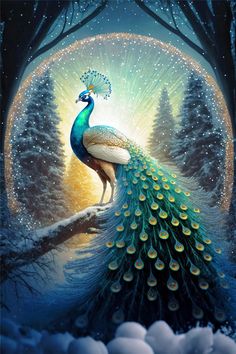 a painting of a peacock sitting on a tree branch with snow around it and trees in the background