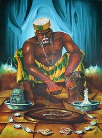 a painting of an african man washing his hands with water in front of him and the words orula above it