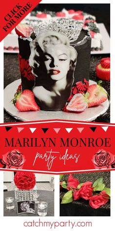 marilyn monroe party ideas with red roses and cupcakes on the side, and black and white background