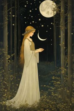 a painting of a woman standing in the woods at night with a crescent above her head