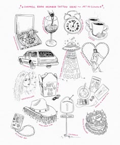 a drawing of various things that are in the shape of a clock and other items