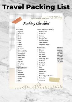 the travel packing list is shown on top of a marble surface with text overlay