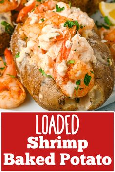 loaded shrimp baked potato on a white plate