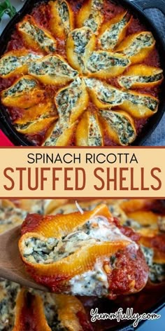 spinach ricotta stuffed shells in a cast iron skillet with text overlay