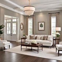 a living room with two couches, chairs and a coffee table in front of windows