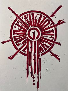 a red and white drawing with an evil eye on it's center piece, surrounded by arrows