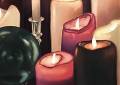 a painting of candles and a green ball