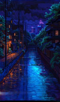 a painting of a city at night with the lights on and water running through it