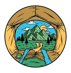 a person laying in a tent with mountains and trees around it, reading a book