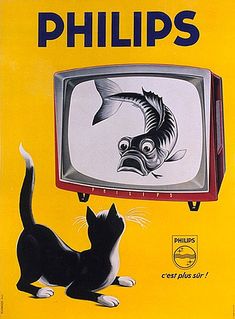 an advertisement for phillips's television with a cat and fish on it