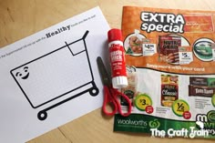 the contents of a grocery bag are shown next to an extra special coupon and scissors